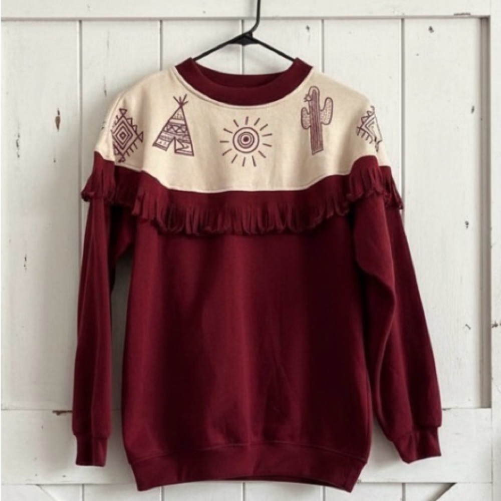 Vintage Gitano Red Aztec Fringe Collar BOHO Western Long Sleeve Sweater Size M